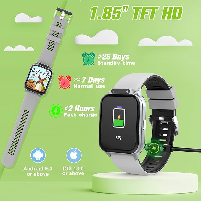 Smart Watch for Kids 1.85" with Fitness Tracker, Sleep Monitor, 22/100+ Sport Modes, DIY Dial, IP68 Waterproof, Step Counter, Heart Rate, Camera, with/Without APP, Gift for 3-12 Years Old Boys Girls