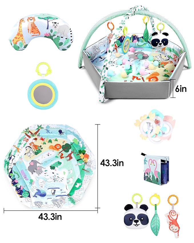 dearlomum 4-in-1 Tummy Time Mat,Baby Activity Play Mat,Newborn Play Baby Mats for Floor with 6 Infant Learning Sensory Baby Toys, Toddler Motor Skill Development,Babies Ball Pit with 18 Ocean Balls