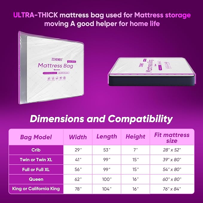 ZCHENBS® – Mattress Bags for Moving and Storage,Mattress Bag with Zippers,5 Mil Ultra-Thick Bed Bag,Waterproof,Anti-Tear,Heavy-Duty Mattress bag (Tansparent/Purple, Queen-(2 Pack))