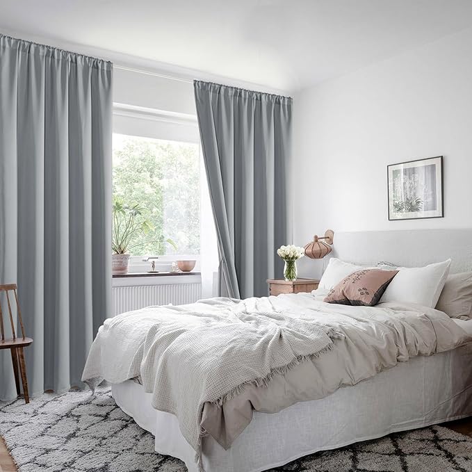 XWZO 100% Blackout Curtains - Extra Long Rod Pocket Thermal Insulated Black Liner Curtains, Noise Reducing and Heat Blocking Drapes for Bedroom with Tiebacks, Grey, W52 x L108, Set of 2