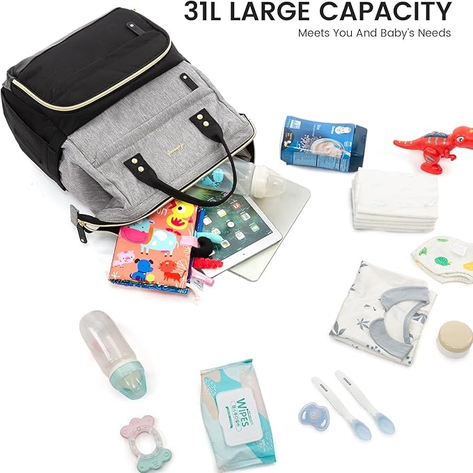 LOVEVOOK Diaper Bag Backpack, Baby Bag with Changing Station, Large Diaper Backpack for Mom Dads, Waterproof Leather Mommy Bag for Boy and Girl, Travel Essential Baby Shower, Black-Grey