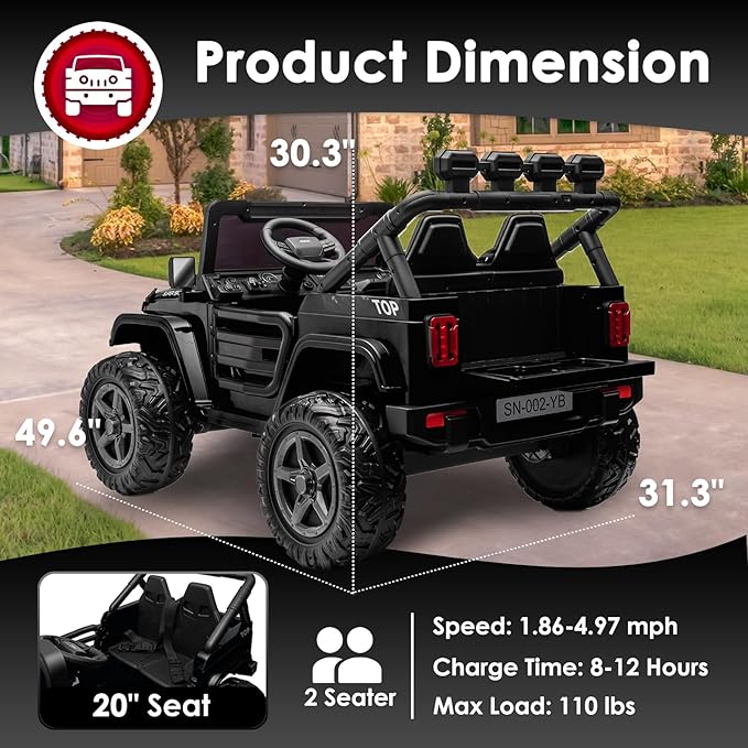 24V 2 Seater Ride On Truck with Remote Control 4WD Electric Car for Kids Ride On Car Battery Powered Ride On Toy Car with Music Player, LED Lights, Bluetooth, Rear Shock Absorber, Black