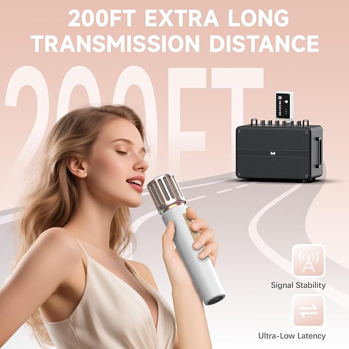 Wireless Microphones, Microphone with One-to-One Chip Connection, Controllable LED Lights, 40H Duration, 200FT Range Free Sing, Volume Control Microphone for Singing, Speech, Home Party, Youtube