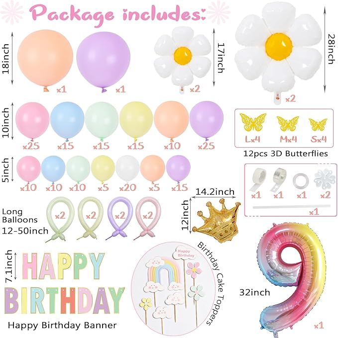 Pastel 219Pcs Daisy Balloon Garland Kit & Arch - 18 10 5 Inch Pastel Rainbow Balloons for 9th Birthday Girl