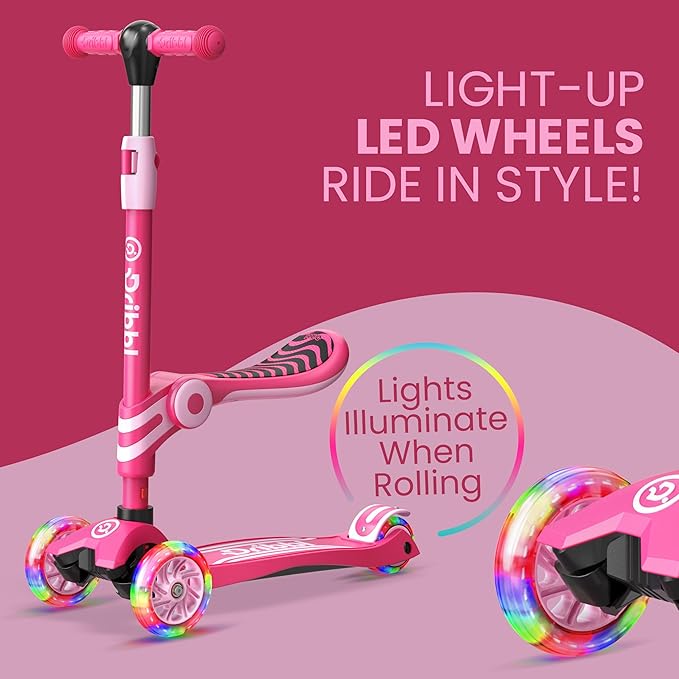 Pink 3 Wheel Scooter with Seat for Kids – Light-Up LED Wheels, Adjustable Handlebar and Seat, Smooth PU Wheels, Wide Anti-Slip Deck, Rear Foot Brake – Toddler Outdoor Toys for Ages 2+