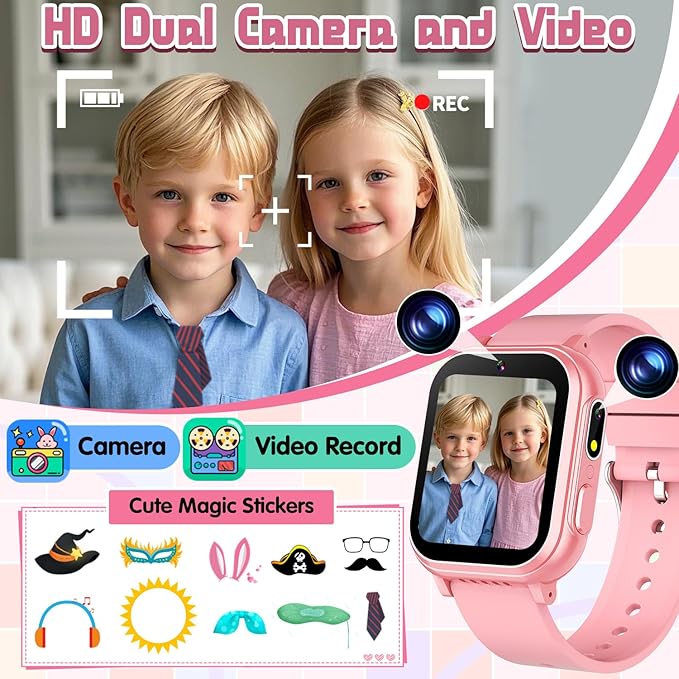 Waterproof Smart Watch for Kids Girls Age 5-12 with 32 Games, Dual Camera, Habit Tracking, Music Player, Video, HD Touchscreen Kids Smart Watch Birthday Gift Toy for 3-12 Year Old (Light Pink)
