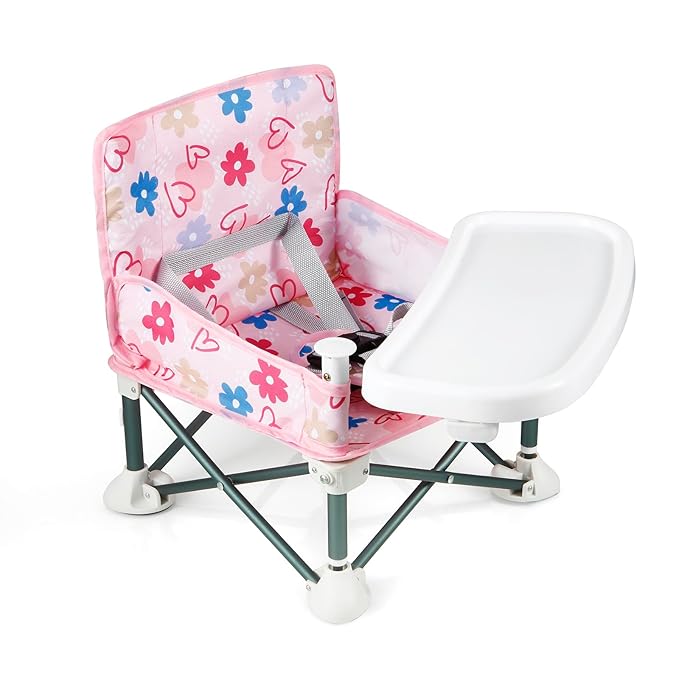 PandaEar Portable Baby Seat Travel| Compact Fold with Straps for Indoor/Outdoor Use| Great for Camping, Beach, Lawn |Toddlers, Kids, Boys, Girls (with Placemat, Pink)