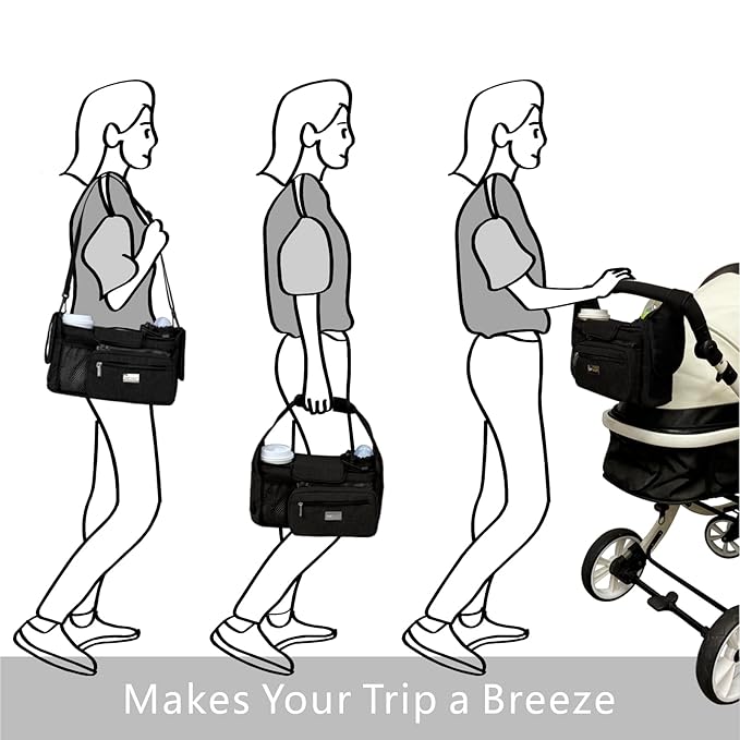 TOPDesign Universal Baby Stroller Organizer, Stroller Caddy with Detachable Mesh Bag & Heightened Insulated Cup Holders & Non-Slip Secure Hooks Accessories, Fits Most Strollers (Construction Trucks)