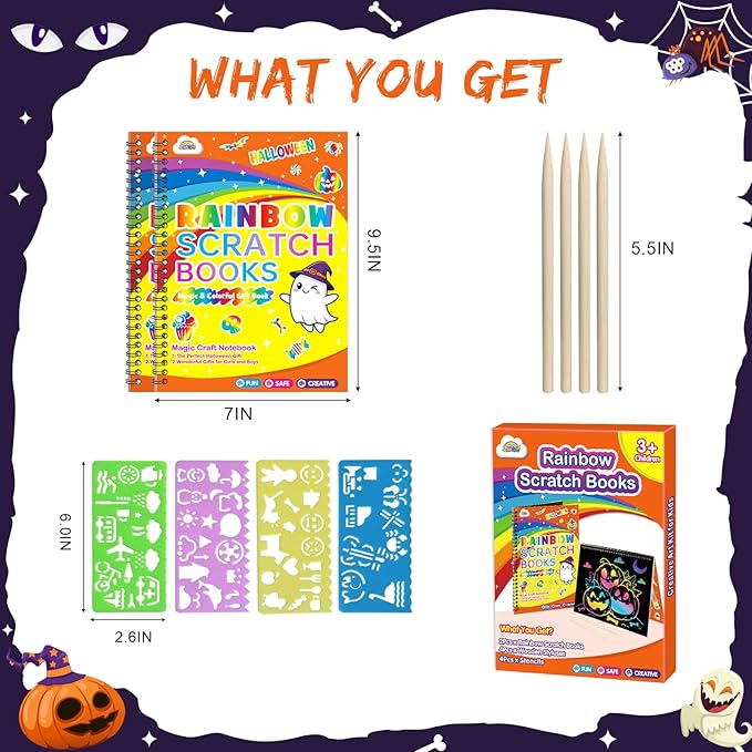 ZMLM Scratch Paper Art-Crafts Gift: 2 Pack Rainbow Notebooks Supplies Toys for 3 4 5 6 7 8 9 10 Years Old Girls and Boys Kids Halloween Birthday Party Games