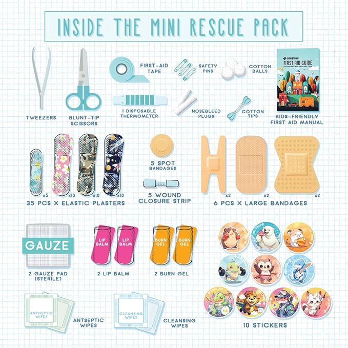 EVERLIT Mini Rescue Pack | 105 Medical Essentials Organized in Portable Storage Bag | Pocket Size Kids First Aid Kit with D Ring | Small Family-Friendly Travel Medical Kit (Rainbow)