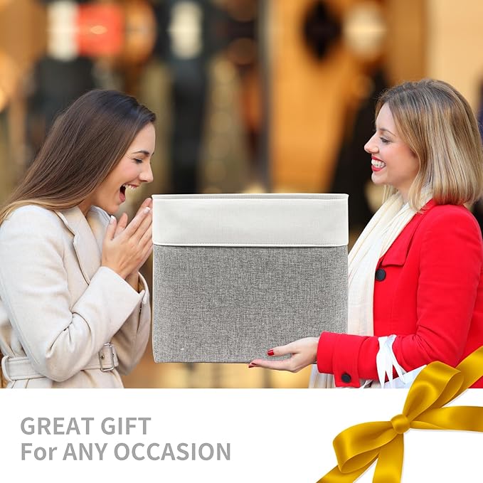 Large Fabric Storage Baskets | 50L Storage Bins, Decorative Linen Closet Baskets with Handles for Organizing, Shelf, Toys, Clothes, Home, Office, Nursery, 17x12x15Inches (Grey&White)