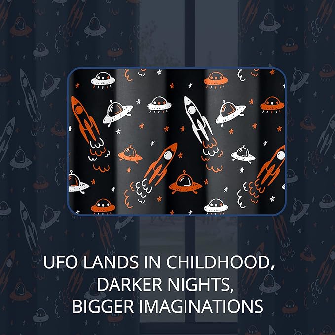 Kids Space Themed Blackout Curtains - 100% Blackout, Thermal Insulated, Noise Reducing, Perfect for Kids Room and Nursery, 2 Panels (Starlight Rocket Chase, W52×L84)