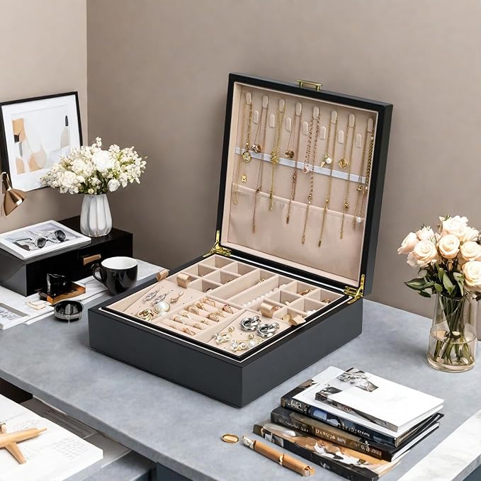 2-layer jewelry box,Jewelry Organizer with Handle,with hanging necklace hooks, detachable jewelry trays, suitable for storing a large amount of jewelry gift box (Large-Black)