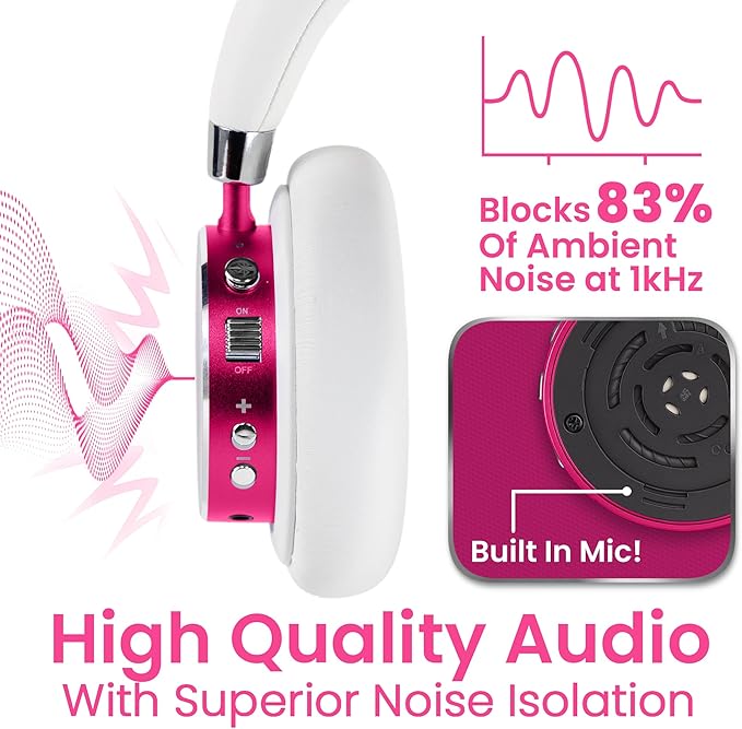 Puro Sound Labs BT2200 Plus Kids Bluetooth Headphones – Volume-Limiting 85dB, Studio-Grade Audio, Over-Ear & Comfy Design, 20-Hour Battery Life, Easy to Connect Wireless Headphones for Kids, Pink