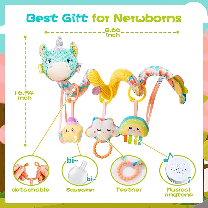 Car Seat Toys for Babies 0-6 Months, Hanging Spiral Stroller Toys, Infant Newborn Brain Development With Music Crinkle Teether Rattle for Baby Boy Girl 0-3-12 Months