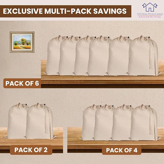 LFH Home Large Premium 100% Cotton Canvas Laundry Bag with Drawstring and Handles Heavy Duty, Multi-Use, and Washable for Home, Travel, College or Storage 20x30 (Pack of 4)-Natural