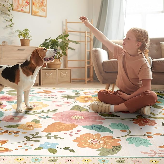 Floral 3x5 Area Rug Machine Washable Soft Print Boho Carpet Non Slip Doormat Low Pile Flower Area Rugs for Living Room Bedroom Nursery Kitchen Dining Room Indoor-Beige/White/Orange