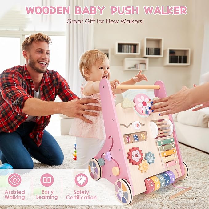 Wooden Baby Walker, Baby Push Walker, Montessori Toddler Walker Toy, Push and Pull Learning Activity Walkers, Baby Walker with Wheels for Boys&Girls 1 Year Old, Baby Walker Push Toy Gifts for Toddler