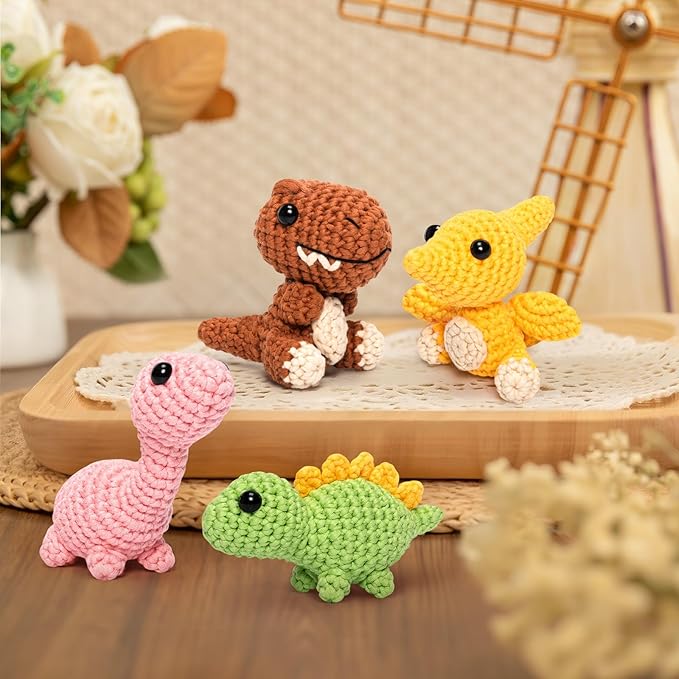 Mewaii Crochet Kit for Beginners – 5 Easy Dinosaur Crochet Kits with Step-by-Step Video Tutorials, Pre-Started Yarn, 40% Extra Yarn, Beginner Crochet Kit for Adults & Kids