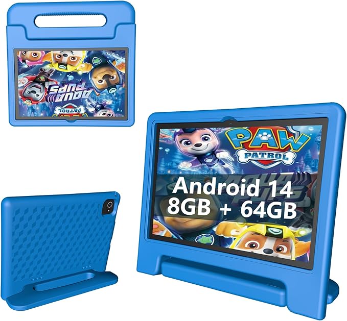Kids Tablet 8GB+64GB, 10 Inch Android 14 Tablet for Kids 6000mAh with Case, WiFi 6, Bth 5.2, Dual Camera, GPS Pre-Installed Parental Controls, Kids Space & Family Link Great Gift for Toddler Children