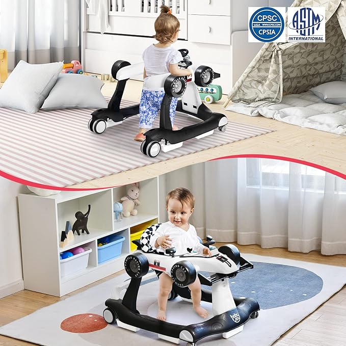 BABY JOY 4-in-1 Baby Walker, Foldable Activity Walker with Adjustable Height & Speed, Music, Lights, Anti-Rollover, Toddler Push Walker, Baby Walker with Wheels for Boys Girls 6-18 Months (White)