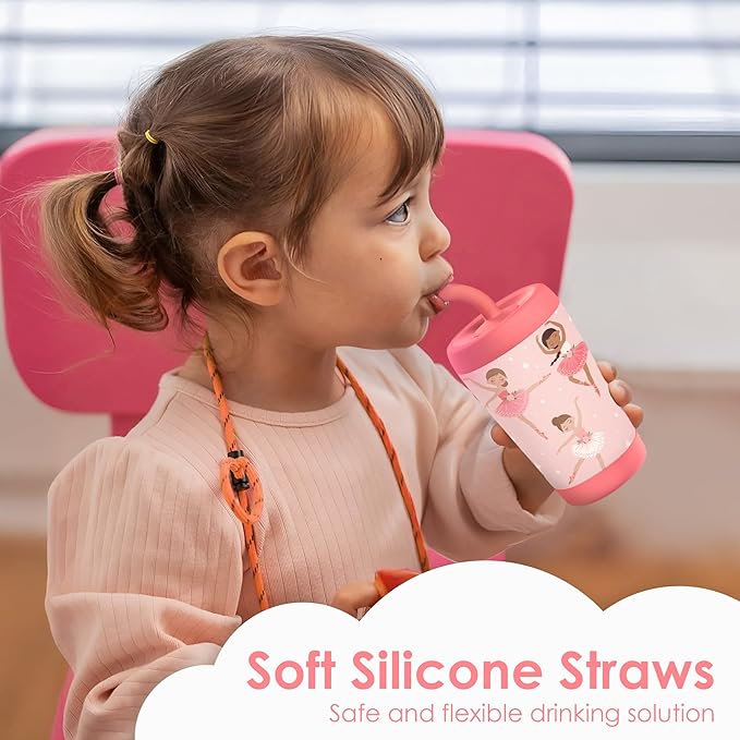 Kid Insulated Stainless Steel Tumbler with Silicone Straw, 12oz Sippy Cup for Kids (Pink Ballerina)