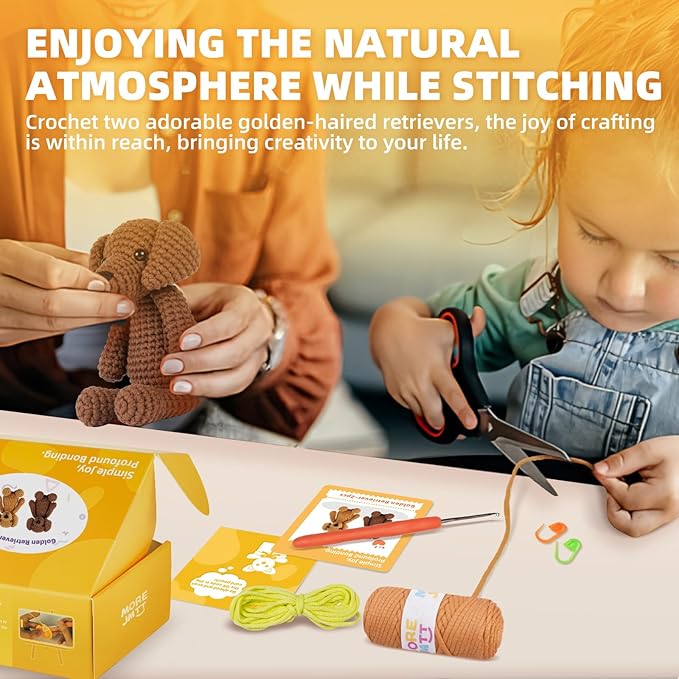 MOREJMTT Crochet Kit for Beginners, Learn to Crochet, Include Easy Knitting Soft Yarn, Step-by-Step Video Tutorial, Hook, Holiday Birthday Gift for Adults and Kids(2 Pack Golden Retriever)