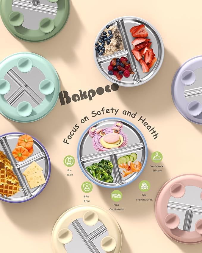 Stainless Steel Toddler Plate with Suction, 8” Divided Plates with Removable Silicone Sleeves for Baby, Non Toxic Unbreakable Kids Snack Dishes Set of 4, Sage Blue Gray Blush