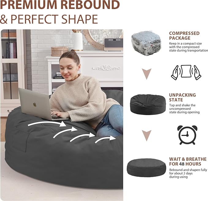 7FT Bean Bag Chair, Large Bean Bag Chairs with Memory Foam Filled, Fluffy Beanbag Sofa with Dutch Velvet Cover, Round BeanBag Chairs for Living Room, Playroom - Grey