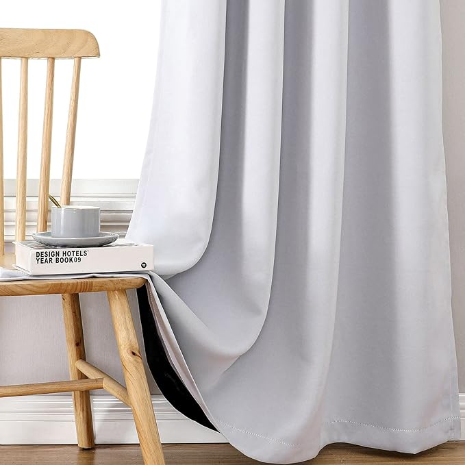 ChrisDowa 100% Blackout Curtains 63 inch Long for Bedroom with Black Liner, 2 Thick Layers Total Blackout Thermal Insulated Grommet Window Curtains 2 Panels Set (Greyish White, 38 x 63 Inch)