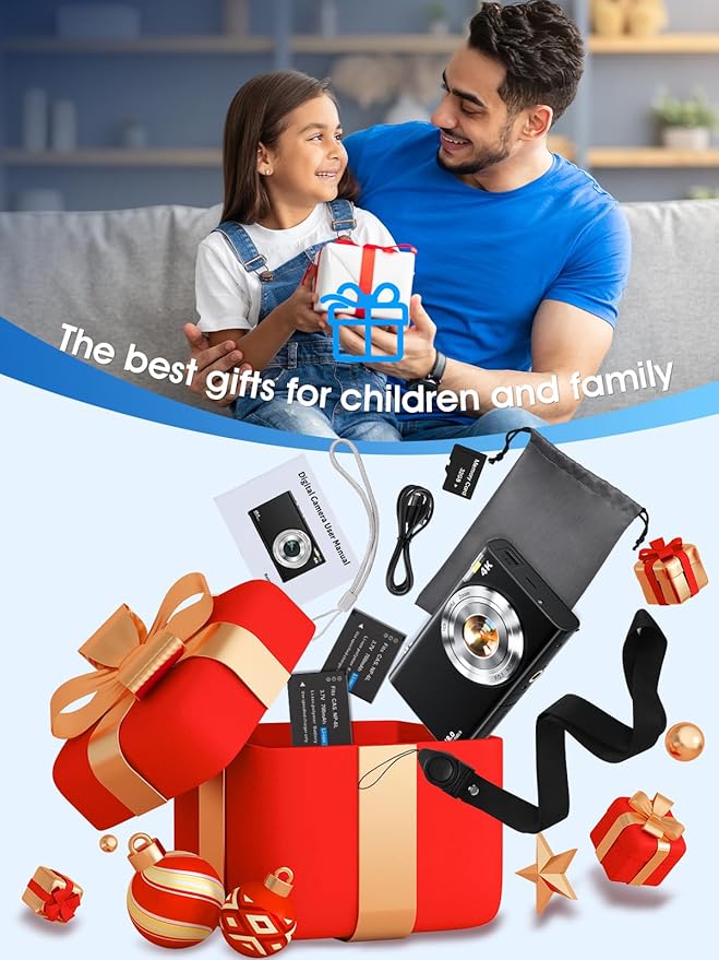 Digital Camera,Autofocus 4K Vlogging Camera for Photography with 32GB Card,48MP Portable Compact Point and Shoot Digital Camera for Teens Adult Beginner with 16X Zoom,Anti-Shake,2 Batteries(Black)