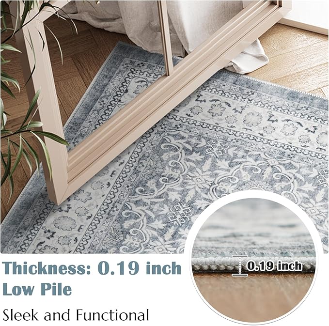 jinchan Floral 9x12 Area Rugs for Living Room - Machine Washable Vintage Distressed Boho Design Soft Throw Rug Large Carpet Low-Pile Thin Non-Slip for Bedroom Dining Room Nursery (9‘x12',Grey)