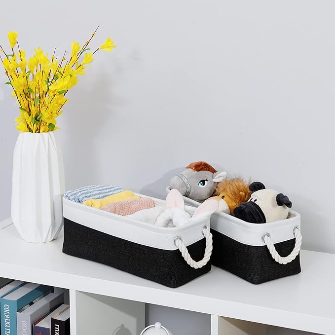 DULLEMELO Toilet Paper Storage Basket, Toilet Paper Basket for Back of Toilet, Bathroom Storage Basket for Cosmetics Towels Toilet Paper, Toilet Tank Basket with Rope Handles for Toilet(White&Black)