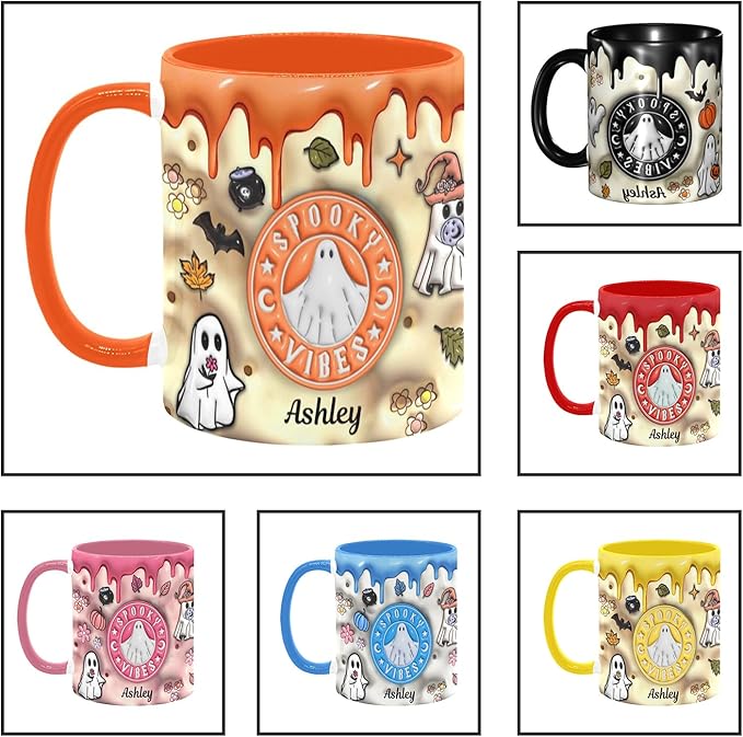 Personalized Halloween Coffee Mug with Names, Pumpkin Coffee Cup, Custom Ghost Ceramic Coffee Mug, Spooky Vibes Trick Or Treat Halloween Accent Mug, Spooky Season Gift for Women Her 11 Oz