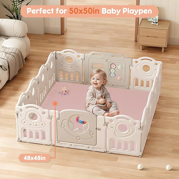 Padded Baby Play Mat, Super Soft Vegan Leather Floor Mat for Baby Girls and Boys, 48x48 Non-Slip Thick Foam Cushioned Play Mat for Babies 6-12 Months, Fits Nicely Into 50x50 Playpen Mat, Pink