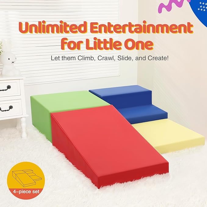 4-Piece PU Leather Baby Foam Climbing Blocks for Toddlers - Soft Play Climbing Toys for Toddlers - Foam Climbing Set for Crawling and Sliding Indoor (Red Yellow Blue)
