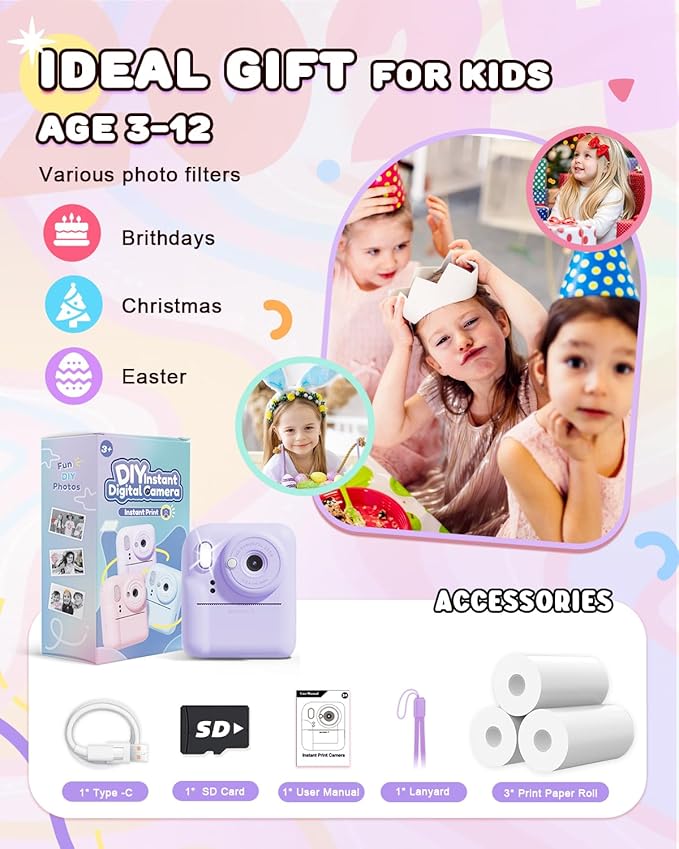 Kids Camera Instant Print, Upgrade Dual-Lens Selfie Digital Camera for Kids, Christmas Birthday Gifts Toys for Boys Girls Age 3-12, HD 1080P Toddler Portable Toy with SD Card 3 Rolls Print Paper