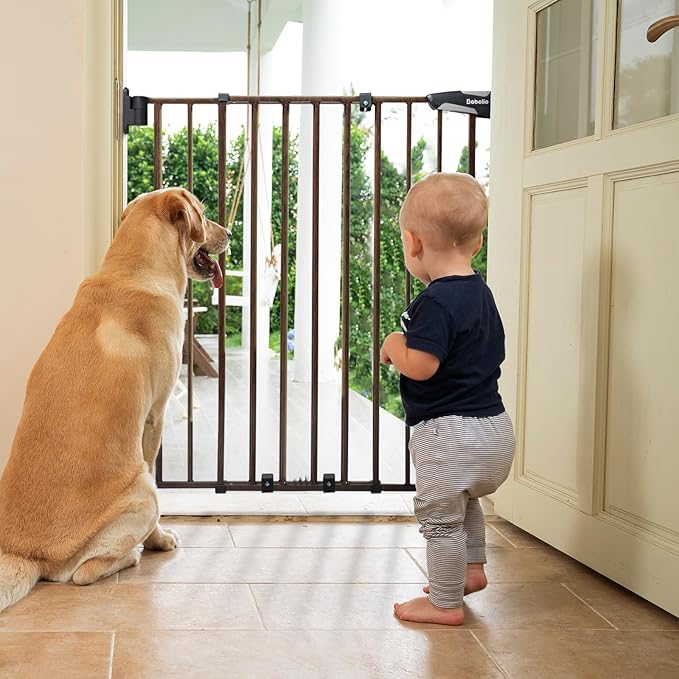 Babelio 34" Extra Tall Baby/Dog Gate with No Threshold Design Walk Thru Door, 26-43" Auto Close Safety Gate for Babies, Elders and Pets, Fits Doorways, Stairs, and Entryways, Black Wood Pattern