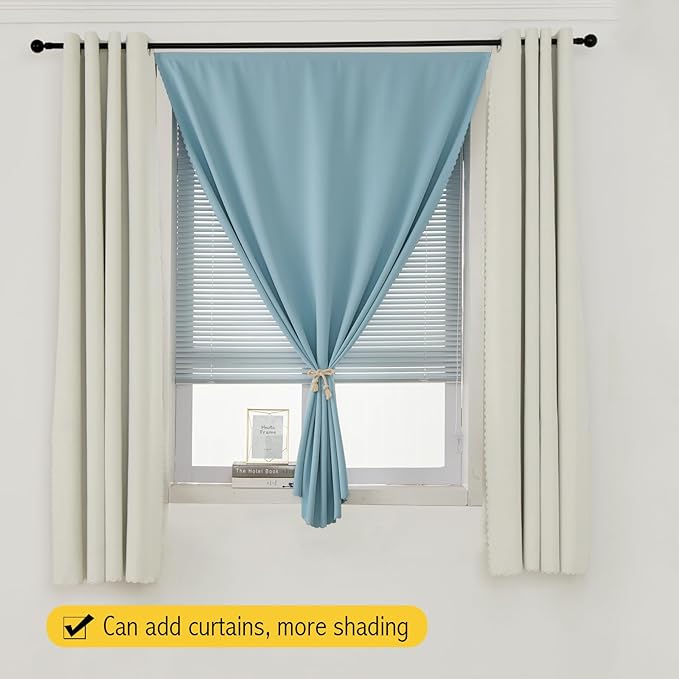 Self Adhesive Curtains, Black Out Shade for Window, Blackout Fabric Temporary Window Coverings Easy to Hang Curtains No Rod Needed, Use for Bedroom, Room, Kitchen, 35" W X 59" L, Lake Blue, 1 Panel