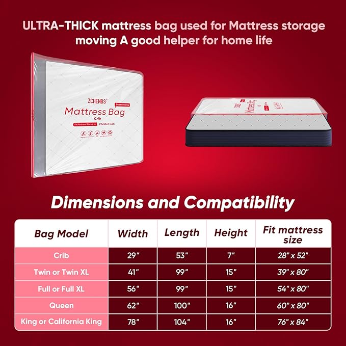 ZCHENBS® – Mattress Bags for Moving and Storage,Mattress Bag with Zippers,5 Mil Ultra-Thick Bed Bag,Waterproof,Anti-Tear,Heavy-Duty Mattress bag (Transaparent/Red, Crib-(1 Pack))
