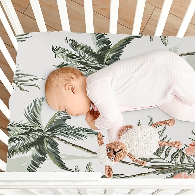 Tropical Vintage Palm Trees Crib Sheets for Boys and Girls, Fitted Baby Crib Sheets Soft and Breathable Mini Crib Sheets 52 X 28 X 9 Inches