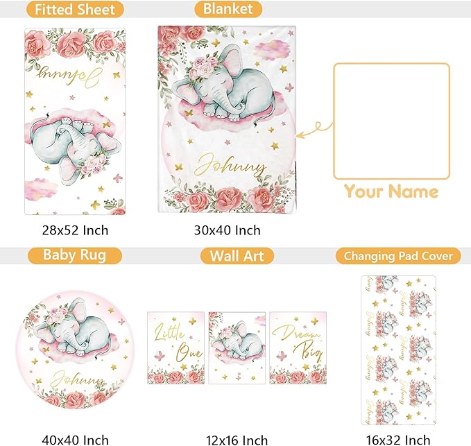Custom Baby Crib Bedding Set, 5 Pcs Personalized Name Baby Crib Sets for Infant Toddler, Floral Elephant Nursery Bedding Set for Baby Girls, Double Layer Baby Bedding Sets Customized Gifts