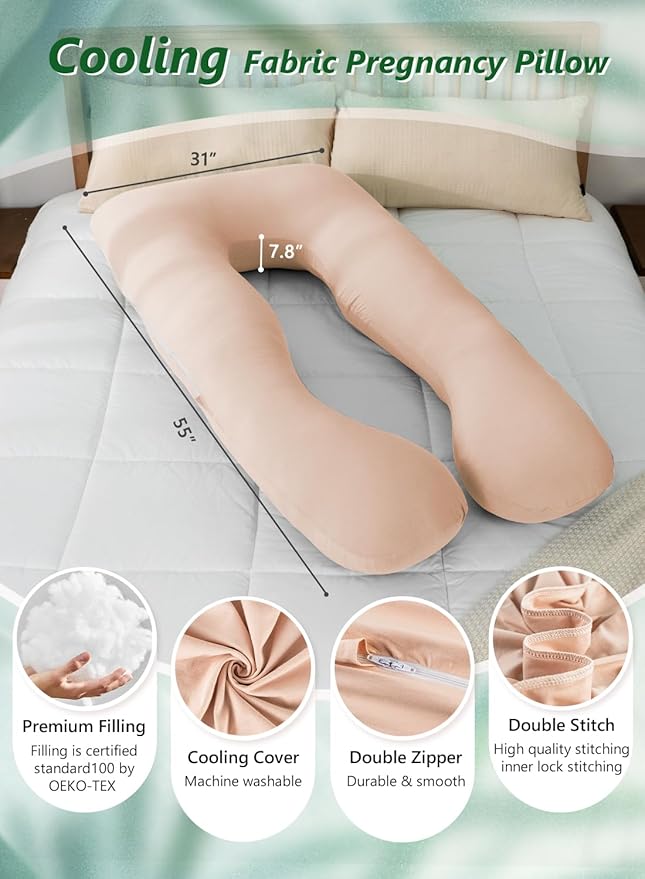 Meiz Pregnancy Pillows, Pregnancy Pillows for Sleeping Cooling, U Shaped Full Body Pillow for Adult, Rayon Cover from Bamboo, Light Apricot