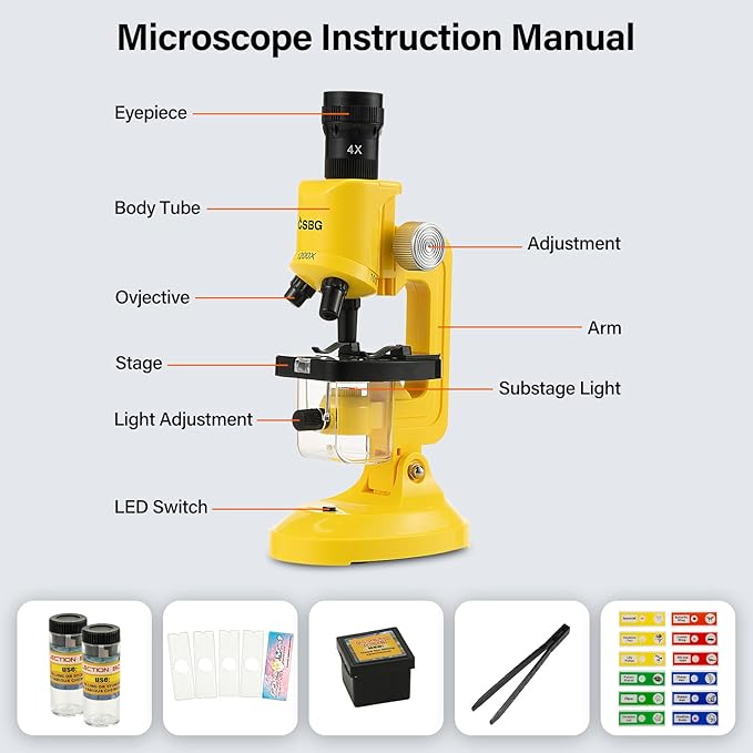 Little World Microscope for Kids, 100x 400x and 1200x Science Kits for Kids Age 5-7 Age 8-12, Microscope Beginner Kit with LED, Learning Resources Toys, Science Experiment STEM Kits, Yellow