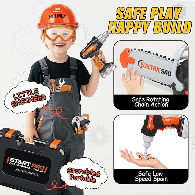 Kids Tool Set Toys, 48 Pcs Toddler Tool Set with Portable Tool Box, Electronic Toy Drill & Electric Chainsaw, Construction Tools Gifts for Boys Aged 3 4 5 6 7, Christmas Birthday Gifts for Toddlers