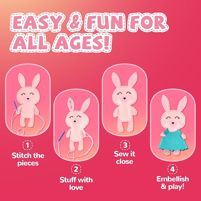 Cymbana Kid Sewing Craft Kit to Make a Friend for Beginner Felt Craft Learn to Sew, Panda Fox Bunny Raccoon Bear 5 Animals