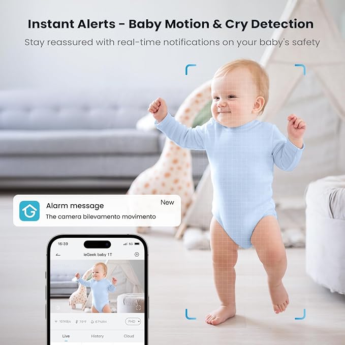 ieGeek Baby Monitor with 2K Camera and Audio - Video Monitor with 5" Screen - Night Vision, Two-Way Talk, Cry & Motion Detection, Temper& Humidity Sensor, PTZ, Remote Control via Screen and Free APP
