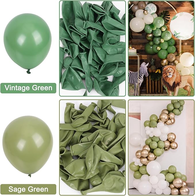 RUBFAC 129pcs Vintage Green Balloons Different Sizes 18 12 10 5 Inches Sage Green Latex Balloon Garland Arch for Masquerade Party Decorations Birthday Baby Shower Wedding Party Supplies
