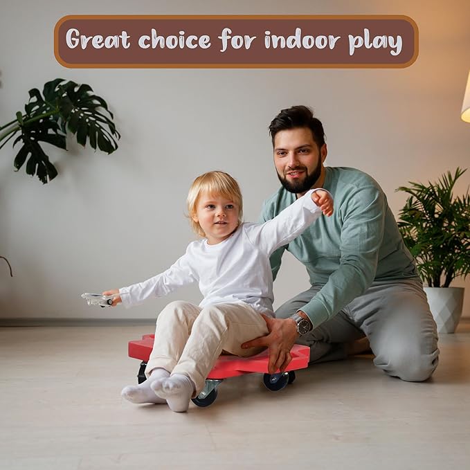 2 Plastic Scooter Boards with Handles for Kids Sitting and Sports Training, with 1 Ring, 2 Ropes and 4 Beanbags, Indoor and Outdoor Play