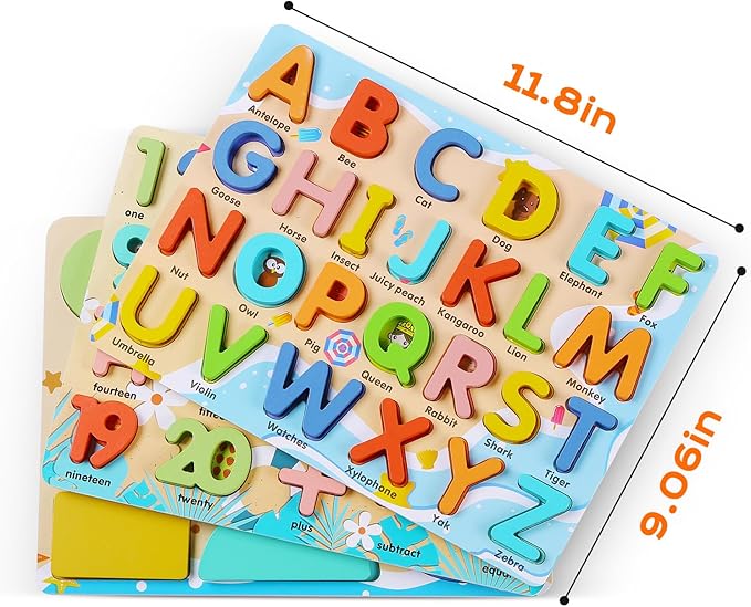 Wooden Puzzles for Toddlers, Voamuw Alphabet Number Shape Learning Education Preschool Toys for Kids Ages 3-6 Years Old (Set of 3)